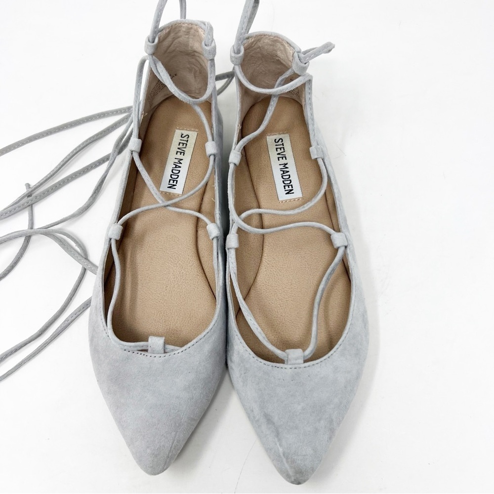 STEVE MADDEN ELEANORR GRAY SUEDE POINTED TOE BALLET FLATS ANKLE LACES WOMENS 7